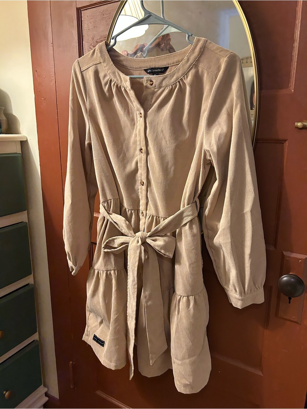 Simply Southern Neutral Beige Button-Tie Long Sleeve Dress